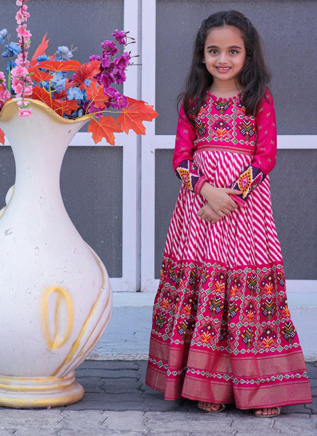 Pink Pashmina Silk Party Wear Printed Kids Gown